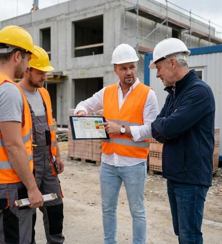 Bautrupp auf der Baustelle schaut gemeinsam auf ein Tablet