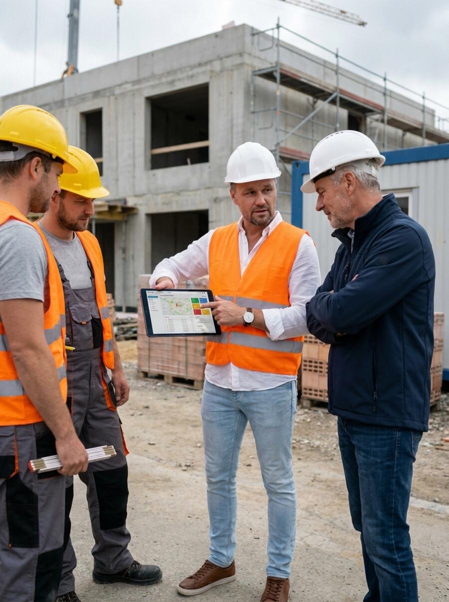 Bautrupp auf der Baustelle schaut gemeinsam auf ein Tablet